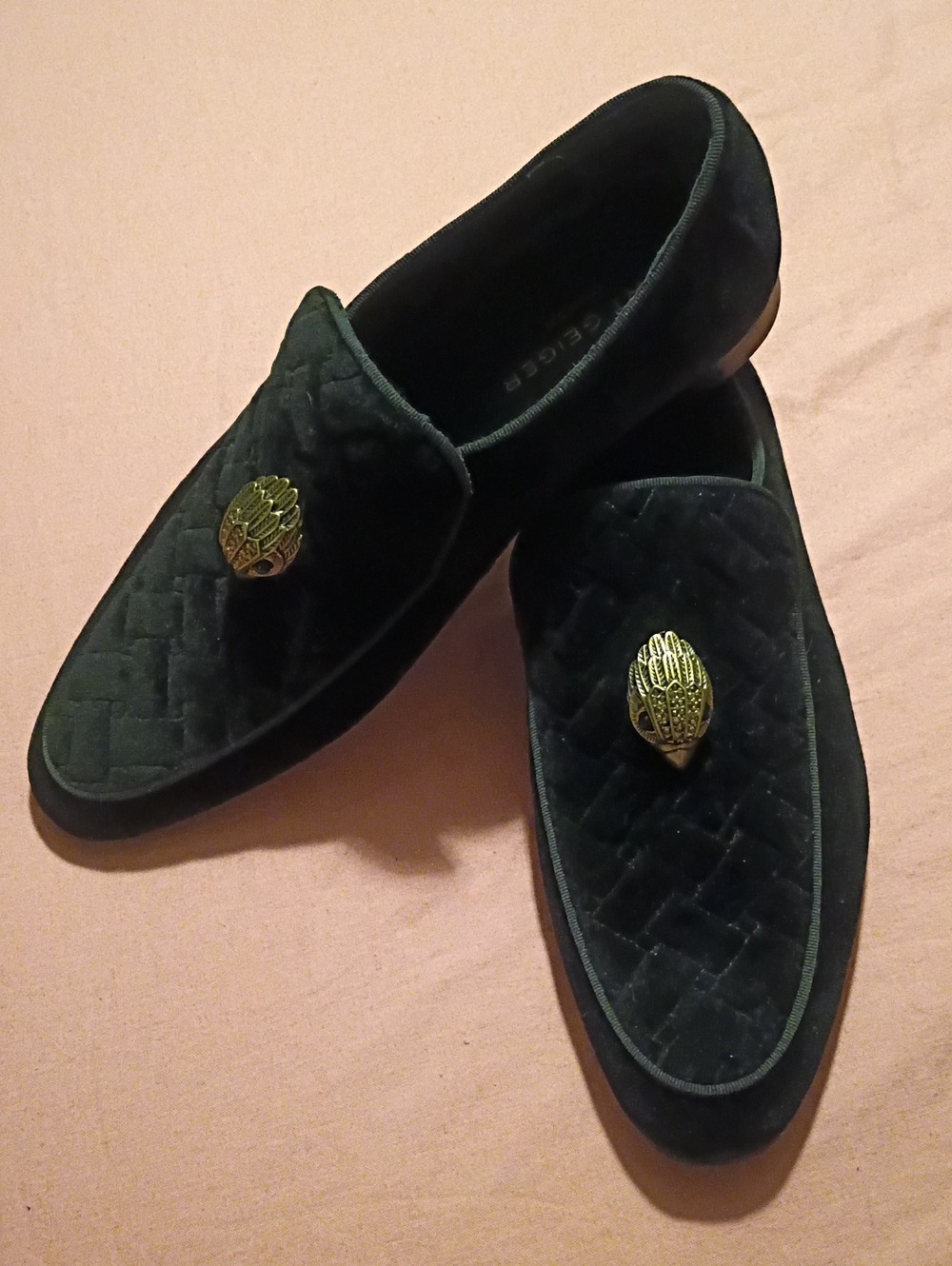 Kurt Geiger Black Velvet Quilted Loafers with Gold Crest
